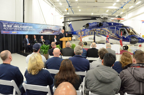 Bjorn Seljevold, Managing Director and Chairman of Norsk Helikopterservice, speaks at the S-92 delivery ceremony in Coatesville, Pa. Photo courtesy of Sikorsky Aircraft Corp.