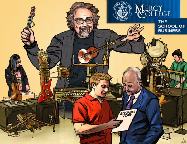 Business students at Mercy College are developing a business strategy and test markets for an inventive violinist and his robotics music company. Illustration by John Ashton Golden 