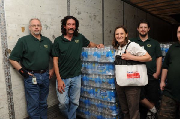 A delivery of bottled water from AmeriCares arrives at the Regional Food Bank of Oklahoma last Tuesday. Photo by Dru Nadler/AmeriCares.