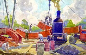 A 1930s Howard Heath painting of Merritt Parkway construction in the Westport art collection.