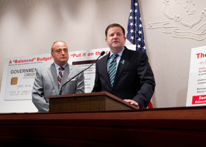 House Minority Leader Larry Cafero and Senate Minority Leader John McKinney, speaking together in April, were critical of a move to exclude $6.4 billion in federal Medicaid funds from the state budget. Photo courtesy of Connecticut Senate Republicans.