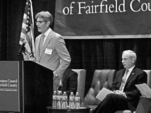 John H. Stewart (left), president and CEO of Purdue Pharma L.P. and chairman of the Business Council of Fairfield County, and Reyno Giallongo, chairman and CEO of First County Bank and an officer of the Business Council board of directors. 