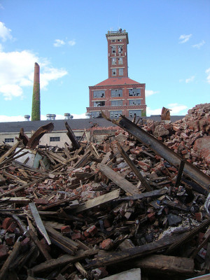 Much of the former Remington Arms Co. factory in Bridgeport, including the historic shot tower (pictured here) is in the process of being demolished. 