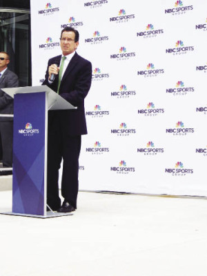 Gov. Dannel P. Malloy welcomes NBCUniversal”™s NBC Sports Group to the remade former Clairol factory at the end of Blachley Road.