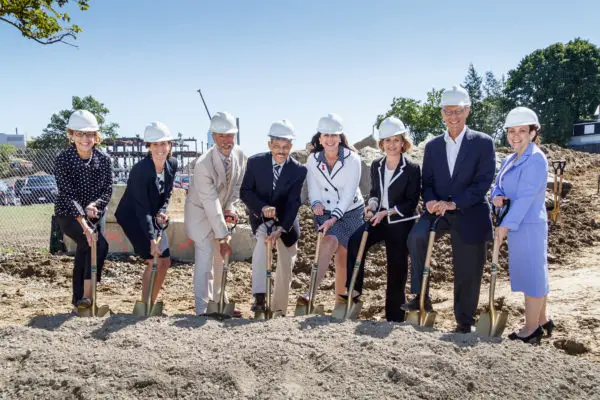 From left at the groundbreaking are Laure C. Aubuchon, director, Stamford Office of Economic Development; Dara K. Kovel, vice president for multifamily housing, Connecticut Housing Finance Authority; Vincent J. Tufo, executive director and CEO, Charter Oak Communities; Courtney A. Nelthropp, chairman, Charter Oak Communities; Kathleen A. Silard, executive vice president and CEO, Stamford Hospital; Evonne Klein, commissioner, Connecticut Department of Housing; Joseph Schiffer, AIA principal, Newman Architects P.C.; Jennifer Gottlieb Elazhari, program center coordinator, Office of Public Housing, U.S. Department of Housing and Urban Development.