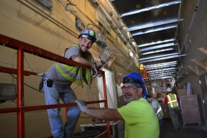 Construction workers on the site of the new Stamford Hospital. Construction and mining added 1,700 jobs in August, the most of any sector.