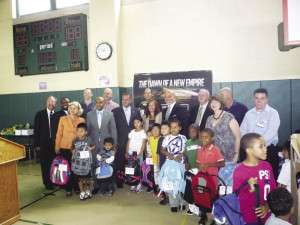 Part of a shipment of backpacks that were delivered by Empire City Casino to Yonkers”™ City Hall. Photo credit: Natalie Langley