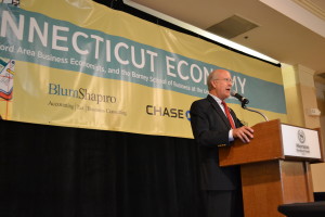 David M. Walker, former U.S. Comptroller  and a Bridgeport resident, addresses conference.