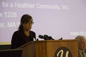 UConn Professor Pouran Faghri speaks about healthy workplaces at an October conference.