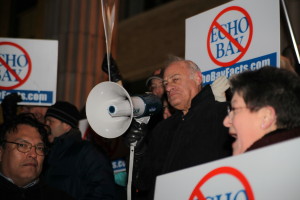 Ron Tocci, a former state assemblyman, speaks out against Echo Bay at Tuesday's protest at City Hall.