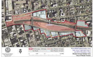 A map outlining the brownfield opportunity area around the Mount Vernon East train station.