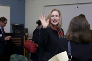 Gillibrand waves goodbye after her visit to WCC.