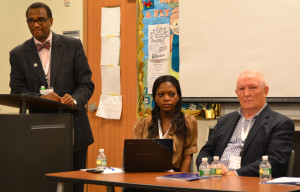 From left: Fred McKinney of the Greater New England Minority Suppliers Development Council with immigrant entrepreneurs Vincencia Adusei and Carl Shanahan.
