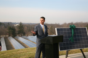 Martin Mobley, executive director of MS Solar, speaks at the opening of Morgan Stanley”™s solar power facility in Purchase.