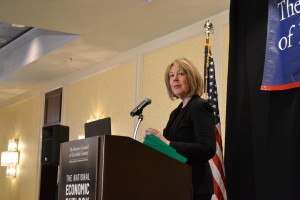 Rae Rosen, vice president of the Federal Reserve Bank of New York, addresses members of the Business Council in Stamford.