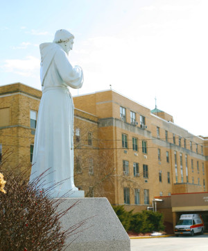 A statue of its patron saint at the entrance to St. Francis Hospital in Poughkeepsie.