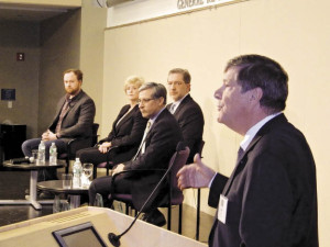 From left, CEOs Austin McChord, Linda McMahon, Paul Senecal, Dr. John Votto and Dean John Elliott of the UConn School of Business.