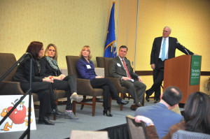 From left, Marie Mann, Neopost USA in Milford; Dana Loch, HR benefits, NestlÃ© Waters North America Inc. in Stamford; CarolAnne West, Partner Reinsurance Company of the U.S. in Greenwich; Christopher Farrell, Pierson & Smith, a Division of First Niagara Risk Management, Inc. in Norwalk; and Christopher P. Bruhl, president and CEO, The Business Council of Fairfield County.