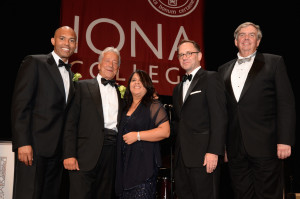 Mariano Rivera, Robert LaPenta, Clara Rivera, Joseph E. Nyre and James P. Hynes, chairman of the Iona College board of trustees. Photo courtesy/Thompson and Bender.