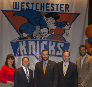Kathy O”™Connor, commissioner, county Department of Parks, Recreation and Conservation; Westchester County Executive Robert P. Astorino; Dave Howard, president of MSG Sports; Bill Boyce, vice president of sales and business operations for the Westchester Knicks; and Jeremy Tyler, New York Knicks forward.