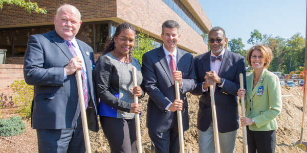 At the recent groundbreaking ceremony for Bridgeport Hospital”™s new outpatient medical building were, from left, Norman Roth, executive vice president and chief operating officer, Bridgeport Hospital; Valerie Cooper, founder/owner, Picture That; William Jennings, president and CEO, Bridgeport Hospital; Fred W. McKinney, president, Greater New England Minority Supplier Development Council; and Pamela Scagliarini, vice president, supply chain management, Yale New Haven Health System.