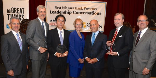 From left, Anthony Justic, Business Council of Westchester chairman-elect; William McGrath, Pace University senior vice president; Hiroji Iwasaki, CEO of Kawasaki Rail Car; Marsha Gordon, Business Council president and CEO;   Dr. Steven Safyer, president and CEO of Montefiore Health System;  David Ring, managing director of  First Niagara Bank; and Stephen J. Jones, Business Council chairman. 