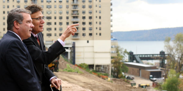 Yonkers Mayor Mike Spano, left, and developer Martin Ginsburg at the recent groundbreaking for the River Tides at Greystone apartment complex. Photo by John Golden