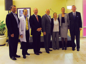 From left, Chris Riendeau, senior vice president, fund development, Stamford Hospital Foundation; Gerald Rakos, chairman, Department of Pediatrics, and medical director, the Cohen Children”™s Institute; Brian Grissler, president and CEO of Stamford Hospital; Michael Fedele, chairman of the board of directors for Stamford Hospital; Alexandra Cohen; Jeanne Melino, director of philanthropy and community relations for the Steven & Alexandra Cohen Foundation; and Edward Schuster, Stamford Hospital cardiologist.