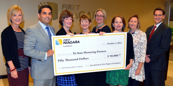 From left, Karen Crane, senior communications manager, First Niagara Bank; Robert Cerminaro, tristate market executive, First Niagara Bank; Nancy Pratt, director, Norwalk Mentor program; Margaret Hiller, executive director, Bridgeport Public Education Fund Inc.; Susan Rigano, executive director, Stamford Public Education Foundation; Cathie Schaffer, tristate regional president, First Niagara Bank; Elizabeth Gurney, executive director, First Niagara Foundation; and Benjamin Fetterman, southwestern Connecticut area manager, First Niagara Bank.