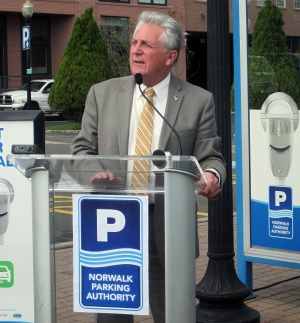 Mayor Harry Rilling at the rollout event for the Norwalk parking app.