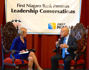 Dr. Steven M. Safyer, president and CEO of Montefiore Health System, speaks to Business Council of Westchester President and CEO Marsha Gordon in an interview at Manhattanville College.