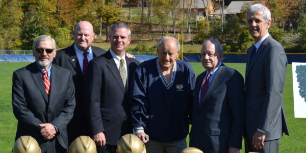 From left, Bill Link, director of physical plant; Mark Brown, athletics director; T.J. McDonald, Pace baseball alumnus; Fred Calaicone, former Pace head baseball coach; Stephen J. Friedman, president; Bill McGrath, senior vice president and chief operating officer for the Westchester campuses.