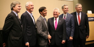 From left, Joseph J. McGee, vice president of public policy and programs at The Business Council of Fairfield County; Bridgeport Mayor Bill Finch; New Rochelle Mayor Noam Bramson; Norwalk Mayor Harry Rilling; White Plains Mayor Thomas Roach; and Stamford Mayor David Martin. Photo by Crystal Kang