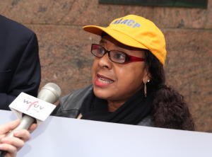 Lena Anderson, president of the White Plains-Greenburgh NAACP, at a rally at Grand Central Terminal on Tuesday. Photo by Mark Lungariello