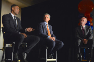 From left, The Madison Square Co.'s Allan Houston, Tad Smith and Al Trautwig share the spotlight at The Business Council of Westchester's annual dinner Thursday night.