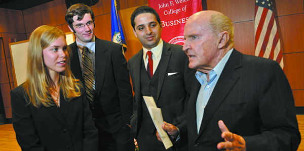 Jack Welch with students. Photo courtesy Sacred Heart University