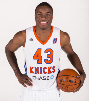 Thanasis Antetokounmpo in the Westchester Knicks home jersey. Chase has partnered with Madison Square Garden to have its logo on the Westchester Knicks' home and road jerseys for the 2014-15 season.