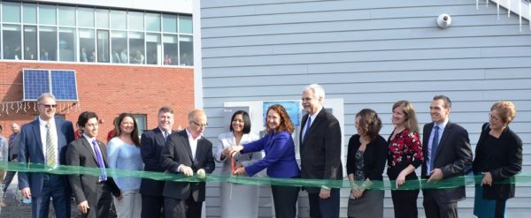 From left, David Kalafa, state Department of Energy and Environmental Protection; state Rep. David Arconti; Stacy Butkus, Henry Abbott Technical High School principal; state Rep. Dan Carter; Danbury Mayor Mark Boughton; Connecticut Technical High School Superintendent Nivea Torres; U.S. Rep. Elizabeth Esty; state Rep. Bob Godfrey; United Illuminating”™s Lisa Sarubbi; Connecticut Light & Power”™s Diana McCarthy-Bercury; CL&P”™s Matt Gibbs; and the Connecticut Business & Industry Association”™s Judy Resnick.