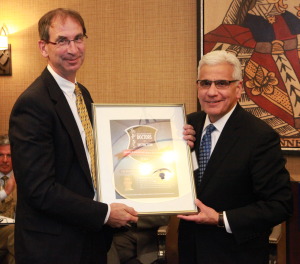 Dr. William Bauman, left, receives a Westchester County Doctors of Distinction award in October from awards judge Daniel Angiolillo, a retired justice of the Appellate Division of the state Supreme Court. File photo