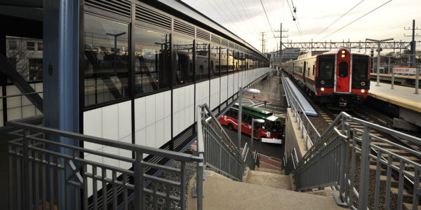 The pedestrian bridge is now open over Washington Boulevard in Stamford, connecting the train station to the new Harbor Point garage. Photo by Jason Rearick