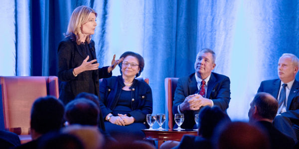 From left, Cindi Bigelow, president and CEO of Bigelow Tea and the 2014 Walter H. Wheeler Jr. Business Leadership Award honoree; Johnna G. Torsone, executive vice president and chief human resources officer, Pitney Bowes Inc.; Michael M. Wathen, partner, PricewaterhouseCoopers LLP and the 2013 award honoree; Reyno A. Giallongo, chairman of the board and CEO, First County Bank, and chairman, board of directors, The Business Council of Fairfield County.