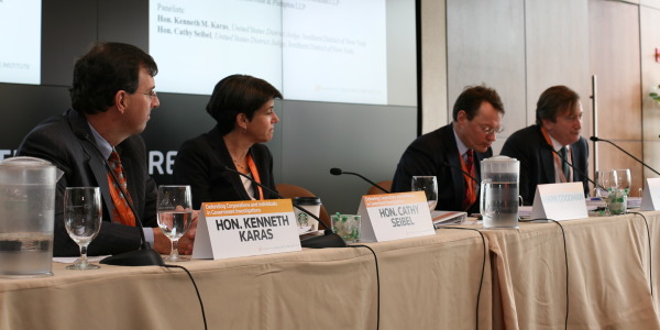 From left, U.S. district judges Kenneth M. Karas and Cathy Seibel, and defense lawyers Mark P. Goodman and Daniel J. Fetterman. Photo by Crystal Kang