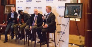 From left, Bill Buckner, Mookie Wilson and Brandon Steiner listen as former New York Rangers defenseman Brian Leetch describes winning the 1994 Conn Smythe Trophy.