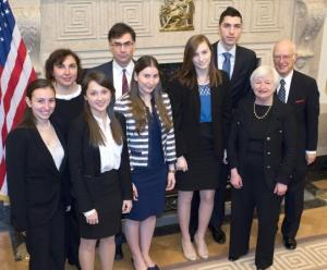 From left, Lauren Price, professor Anna Shostya, Yulia Mikhailova, professor Gregory Colman, Kelsey Berro, Katherine Craig, Jordan Jhamb, Federal Reserve Chair Janet Yellen and professor Joseph Morreale. Photo courtesy Pace University