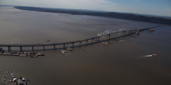 An aerial view of the replacement bridge being constructed alongside the Tappan Zee Bridge. Photo courtesy New York State Thruway Authority