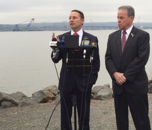 Westchester County Executive Rob Astorino, left, and Rockland County Executive Ed Day call on the state to use $1.95 billion it received in a bank settlement to fund the Tappan Zee Bridge replacement.