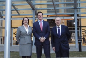 From left, Building and Land Technology”™s Kathleen Williams, Jon Sabrowski and John Crosby at the new 200 Elm St. entrance to the BLT Financial Centre in Stamford. Photo by Bill Fallon