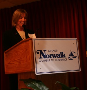 Elizabeth Stocker, Norwalk”™s economic development director, at a recent economic forum at the Continental Manor. Photo by Crystal Kang