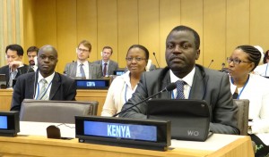 The Kenyan delegation, from left, Evans Maturu, Carolyn Musyimi, Joshua Mugodo and Harriet Nduma, at a session of the U.N. General Assembly”™s Open Working Group on Sustainable Development Goals in New York City in July. Photo courtesy International Institute for Sustainable Development