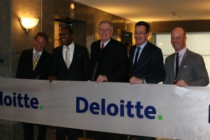 Carl R. Kuehner III, CEO of Building and Land Technology; Kevin Richards, partner, Deloitte; Stamford Mayor David Martin; Gov. Dannel Malloy; and Steve Gallucci, New York managing partner for Deloitte, at a recent ribbon-cutting ceremony for Deloitte”™s new offices in BLT”™s Financial Centre. Photo by Crystal Kang